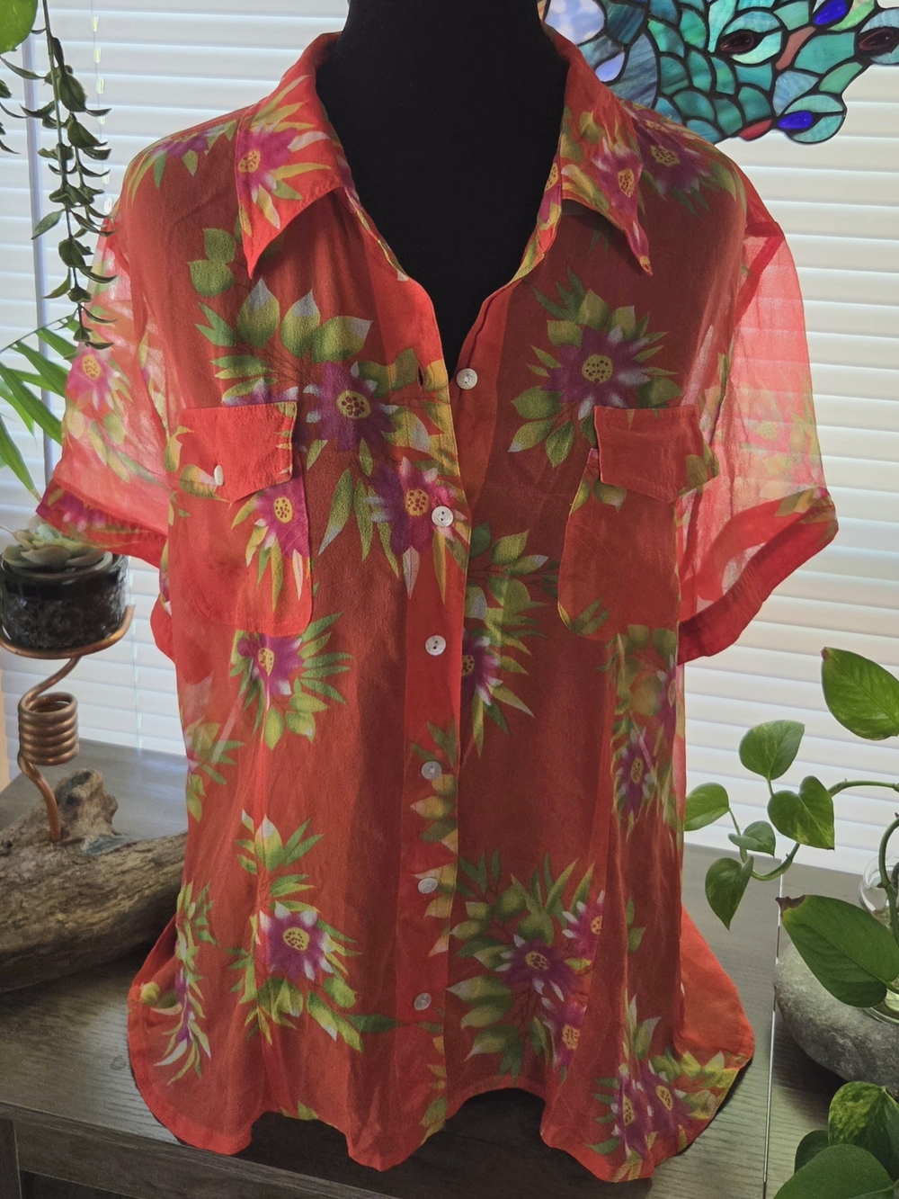 Spenser Jeremy 100% Silk Orange Tropical Floral Sheer Button-Down Collar Shirt